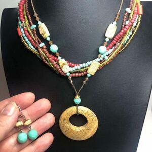 827 Lot of 3 faux turquoise necklaces & earring boho layered statement beaded